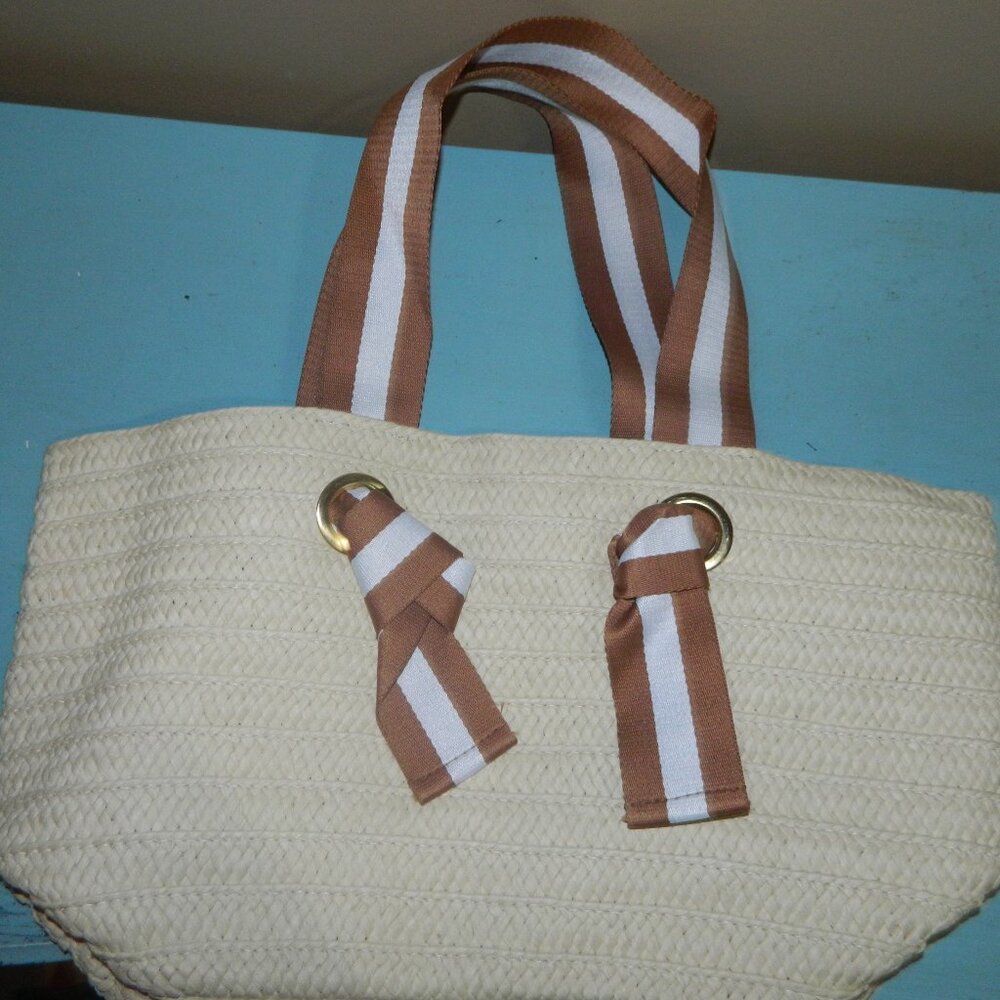 Mark & Graham Ribbon Straw Beach Tote Camel/White NWOT